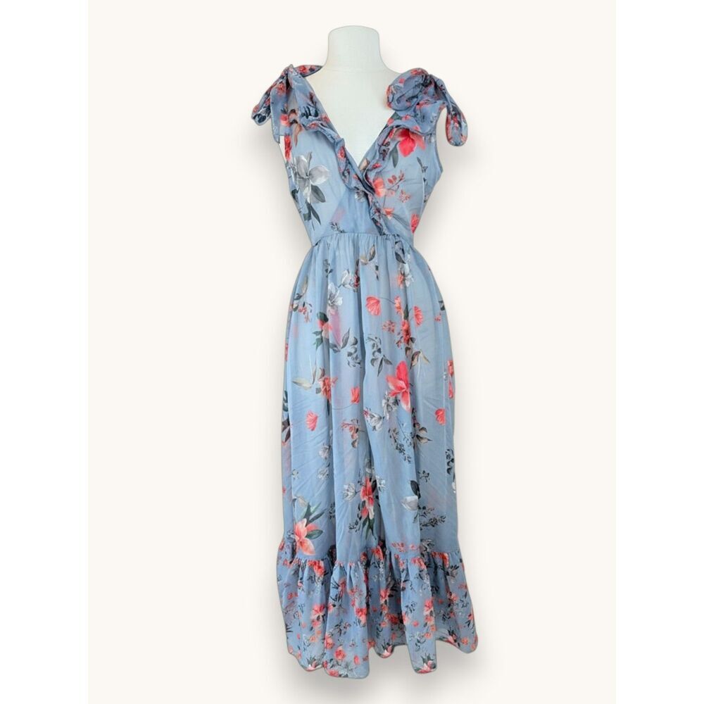 French Connection Blue Sheer Floral Maxi Dress Cottagecore Coquette Fairy Size 2